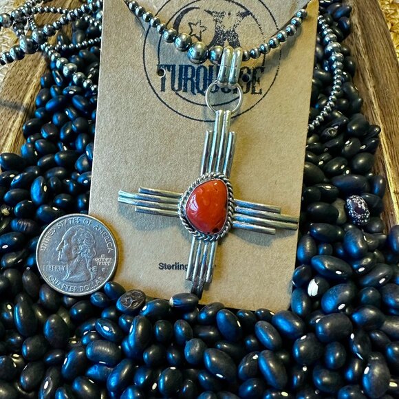 Stamped Sterling Silver and Mediterranean Coral Zia Pendant - Picture 1 of 1